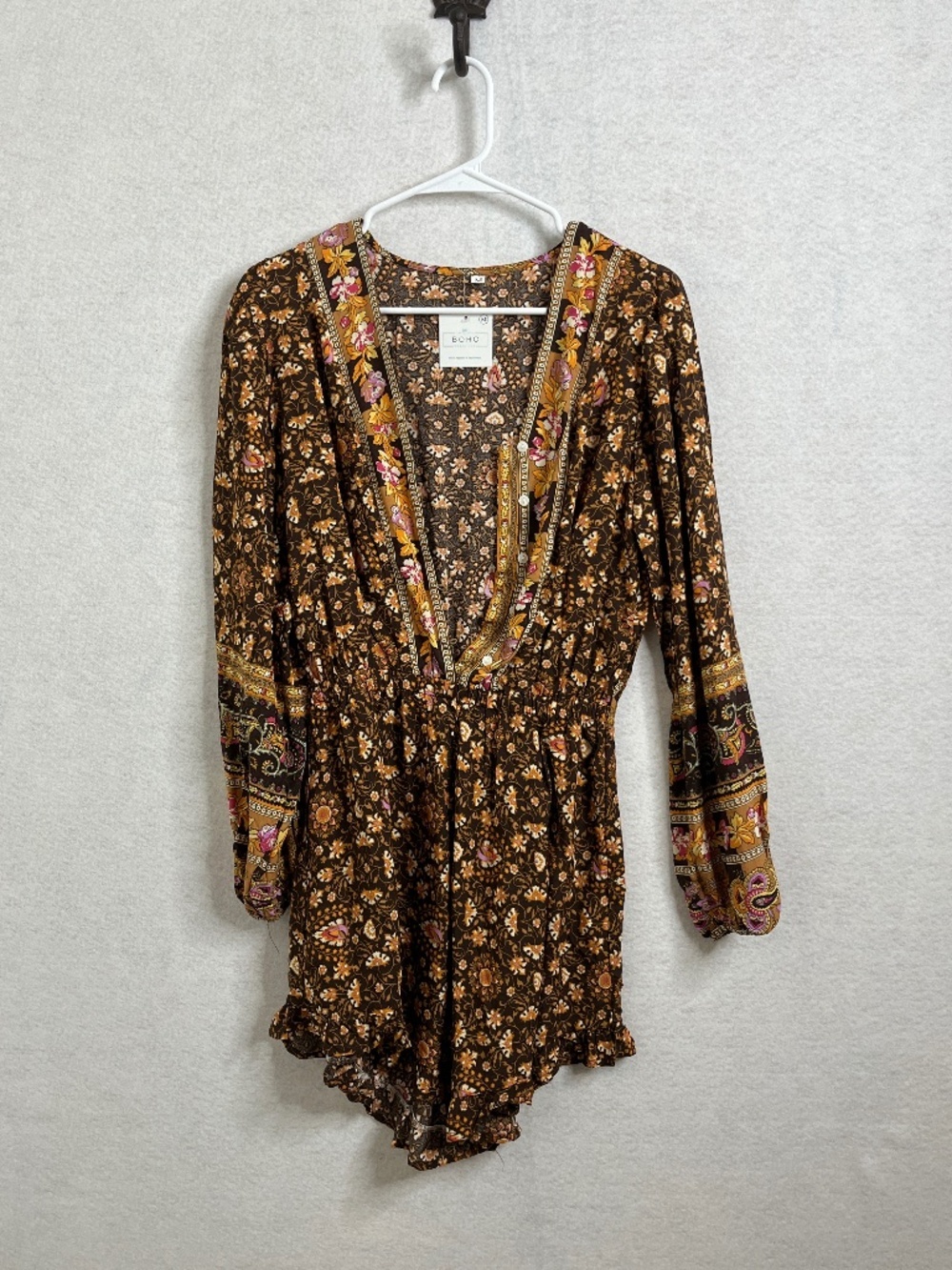 Boho Beach Hut Romper Medium Brown Floral Boho Long Sleeve Festival Playsuit - Picture 1 of 5